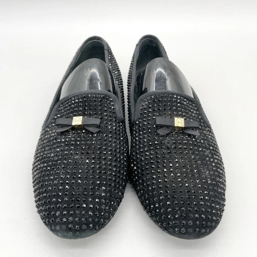Tory Burch Womens 7M Chandra Black Crystal Suede Smoking Loafer Flat Preppy Glam